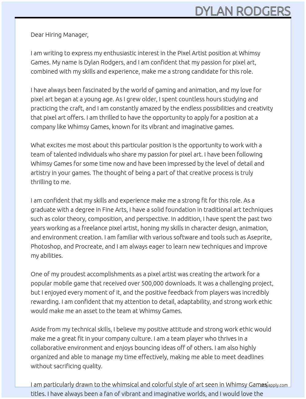 Pixel artist At Whimsy games Cover Letter