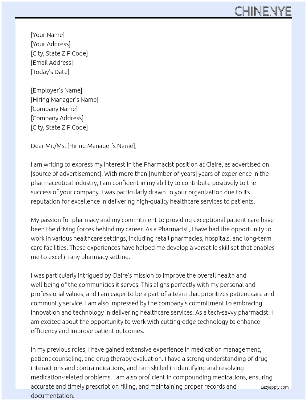 Pharmacist At Claire Cover Letter