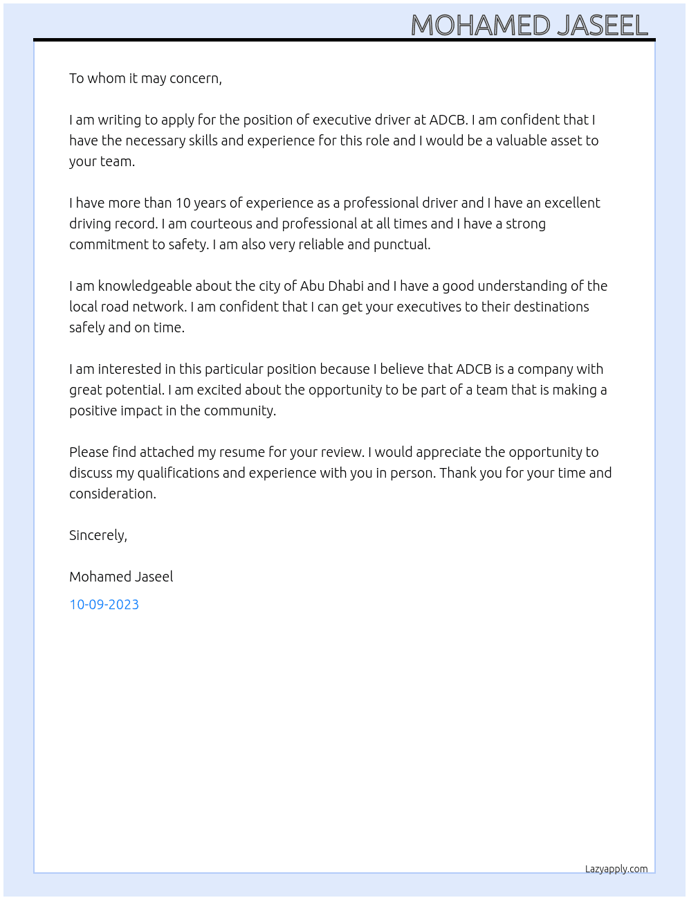 Executive driver  At ADCB Cover Letter