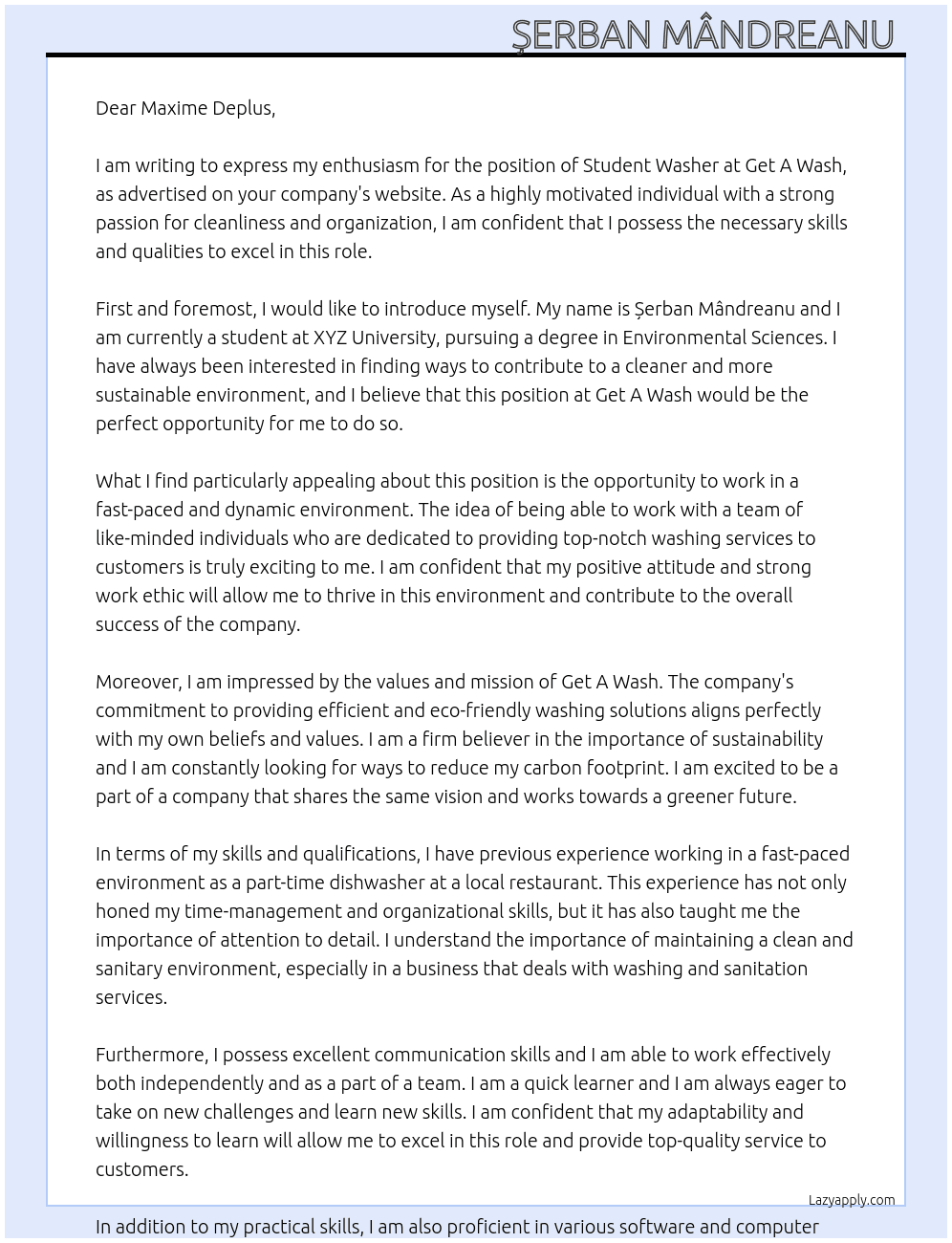 Student Washer  At Get A Wash Cover Letter
