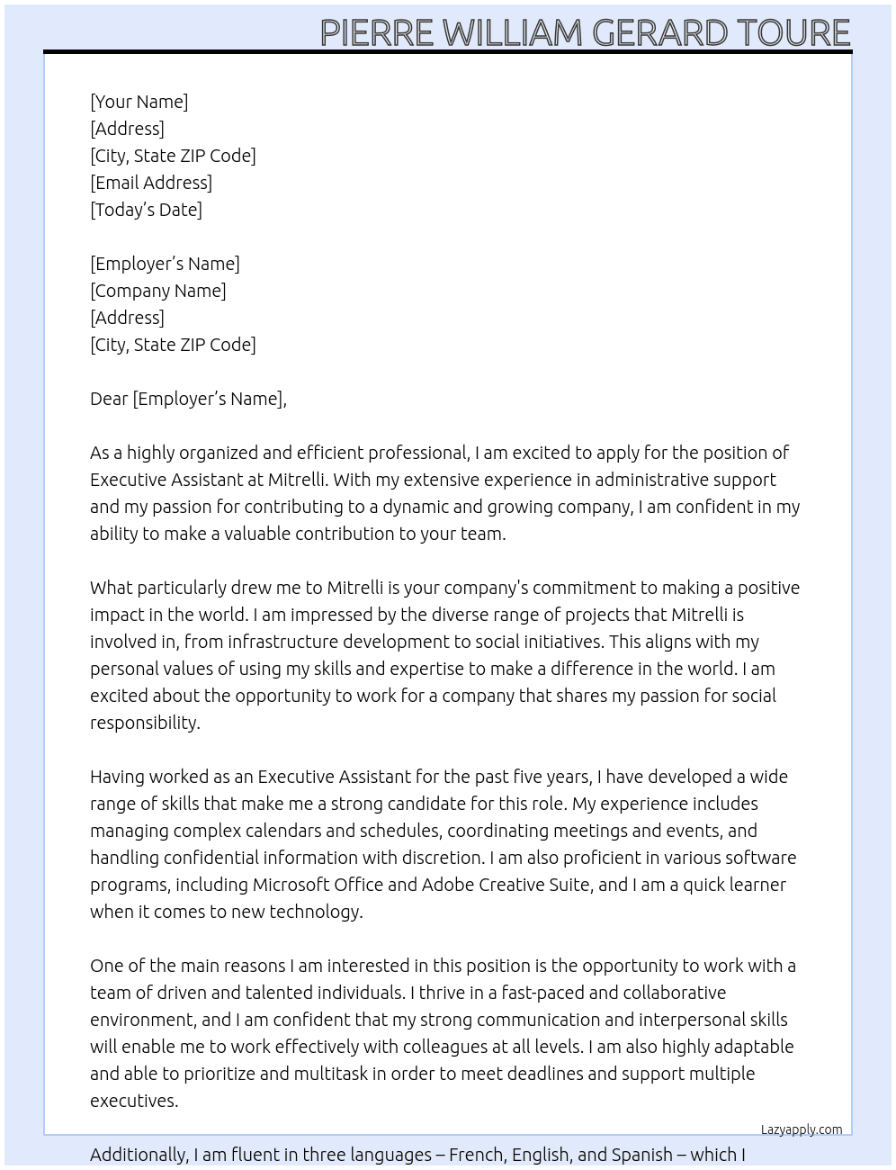 executive assistant  At Mitrelli Cover Letter