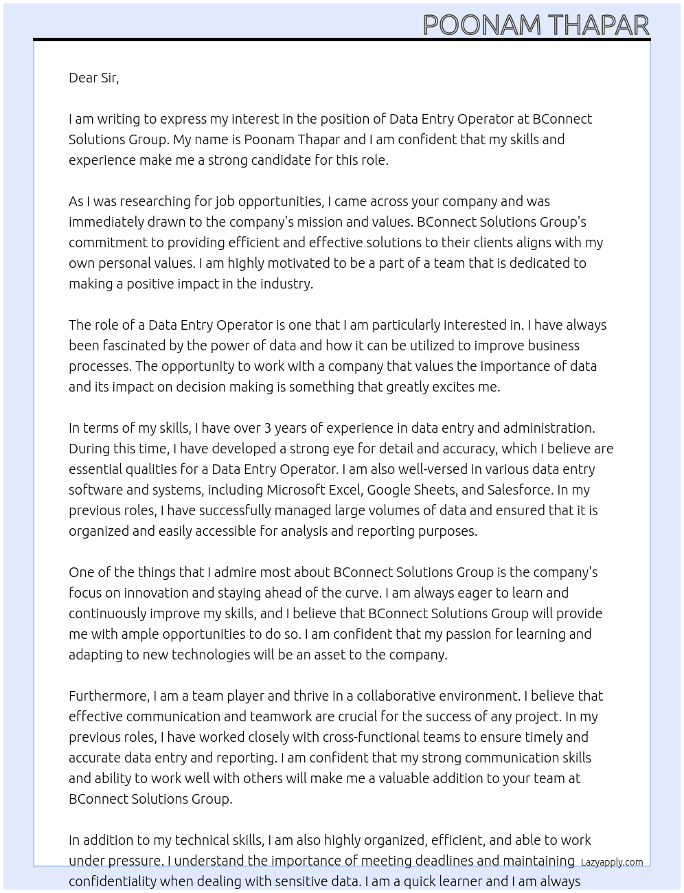 Data Entry Operator At BConnect Solutions Group Cover Letter