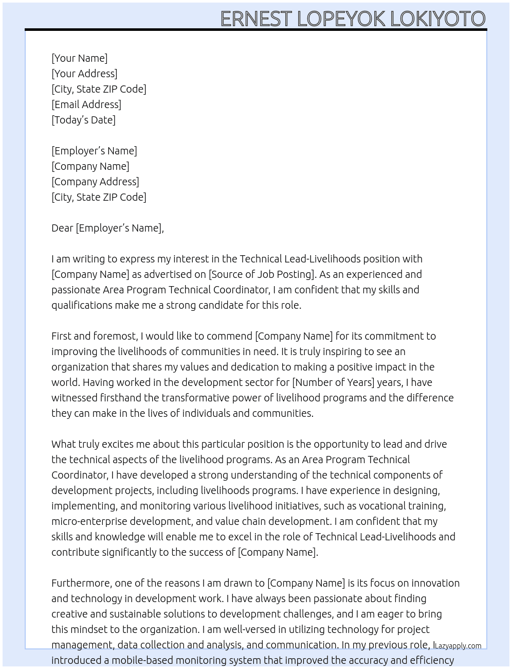 Technical Lead-Livelihoods At LWF  Cover Letter