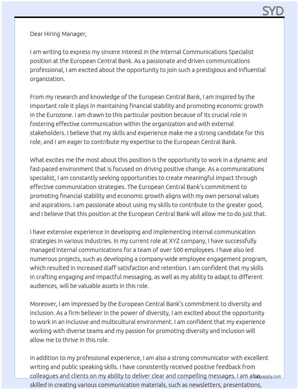 Internal Communications Specialist At European Central Bank Cover Letter