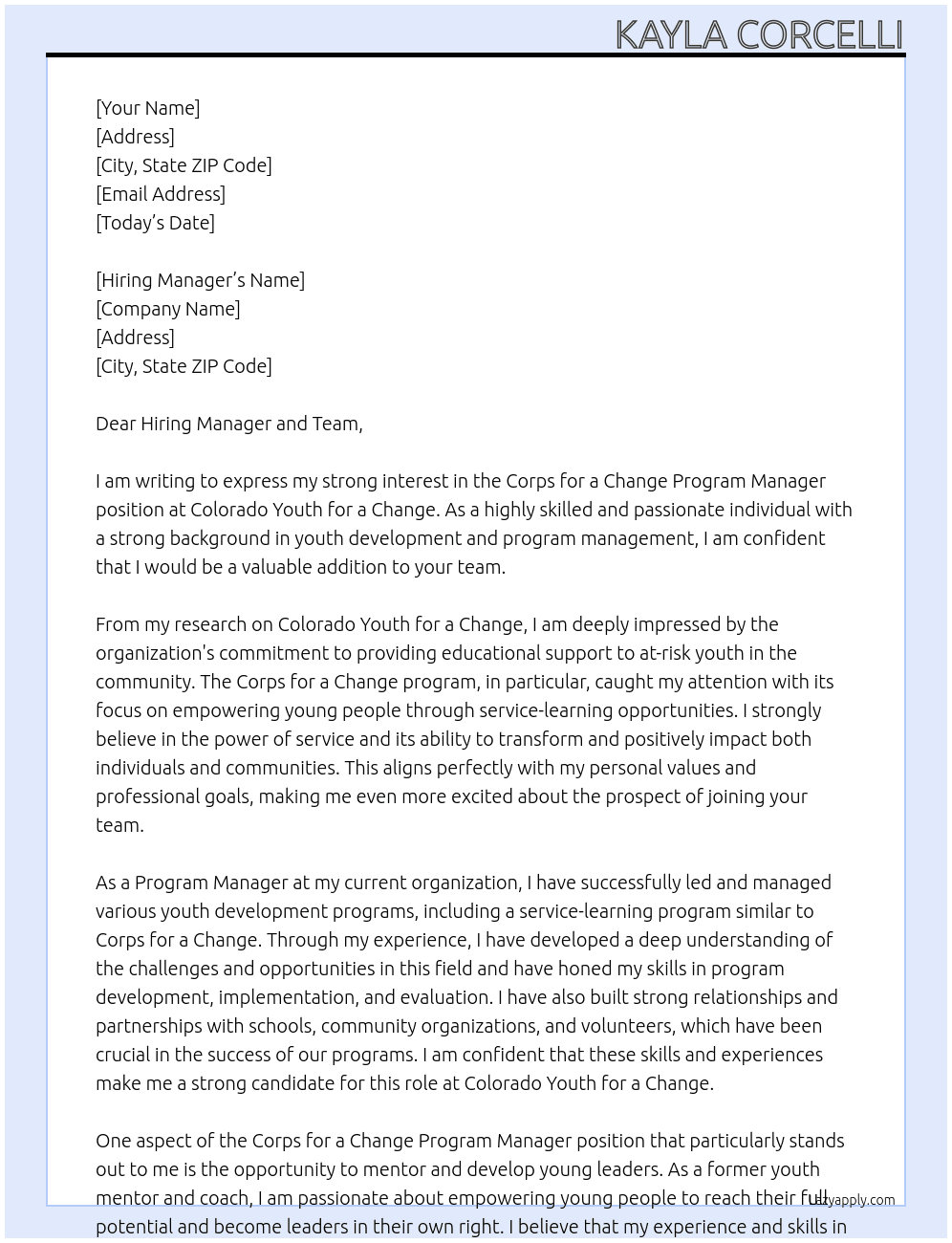 Corps for a Change Program Manager At Colorado Youth for a Change Cover Letter