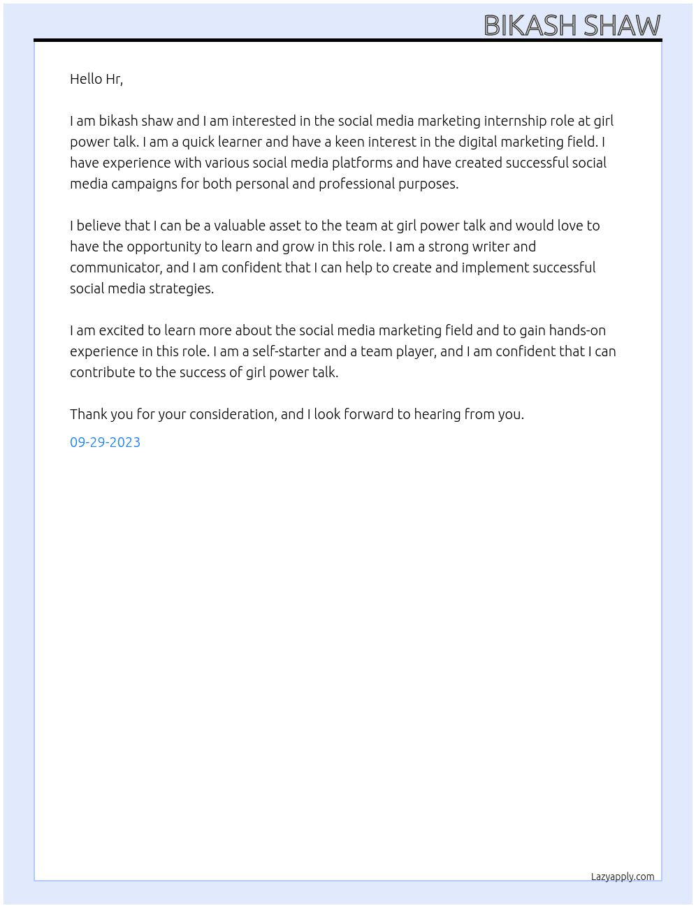social media marketing At girl power talk Cover Letter