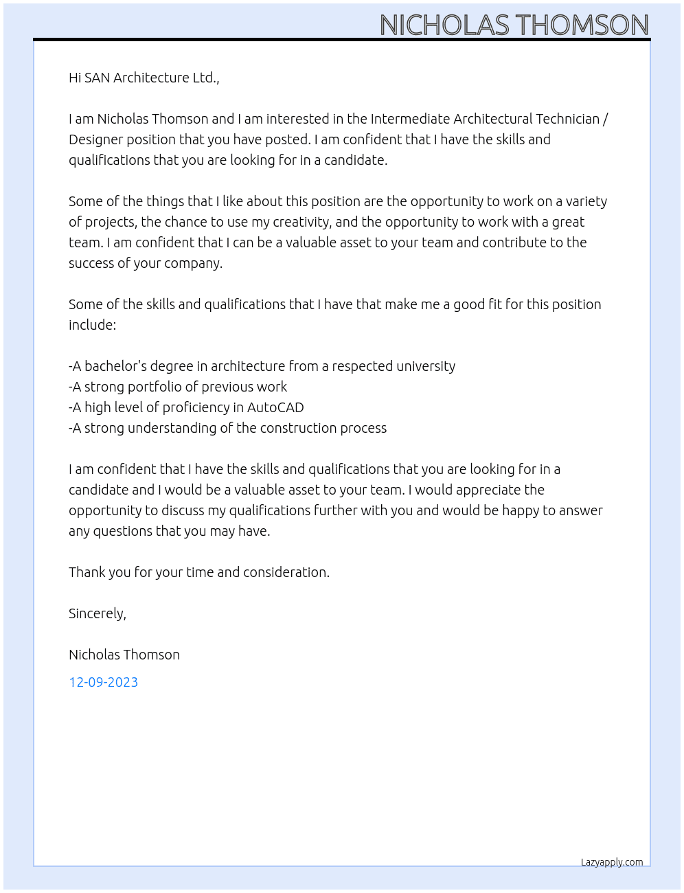 Intermediate Architectural Technician / Designer At SAN Architecture Ltd. Cover Letter