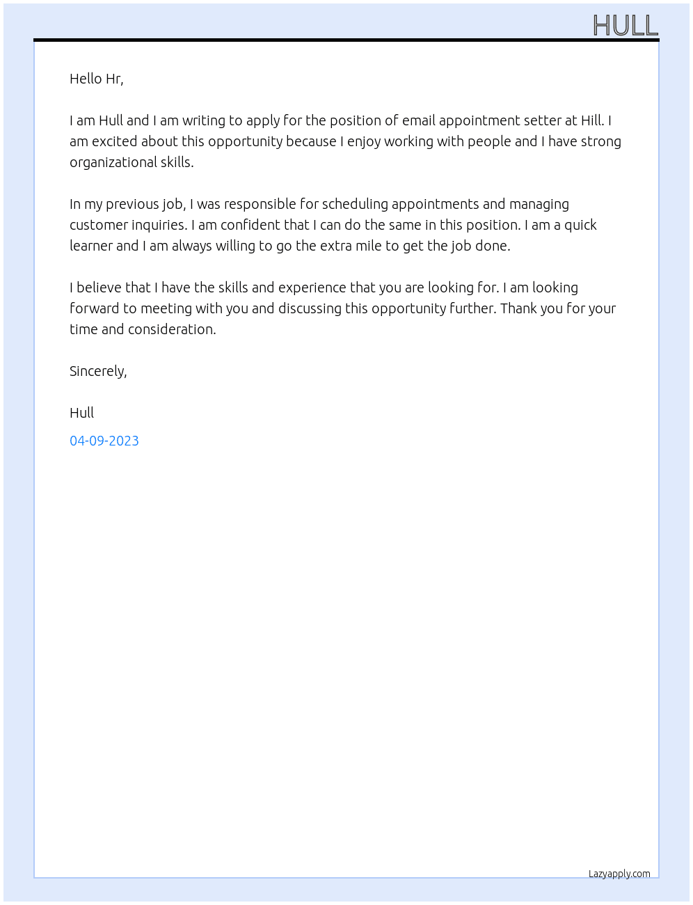 Email appointment setter  At Hill Cover Letter