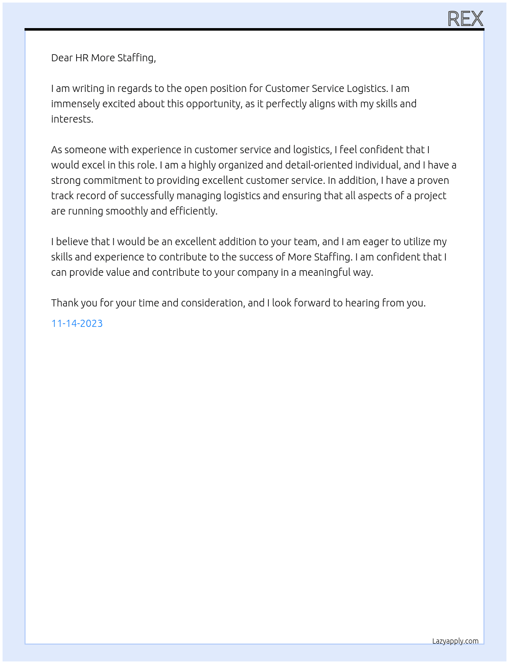Customer service logistics  At More staffing Cover Letter