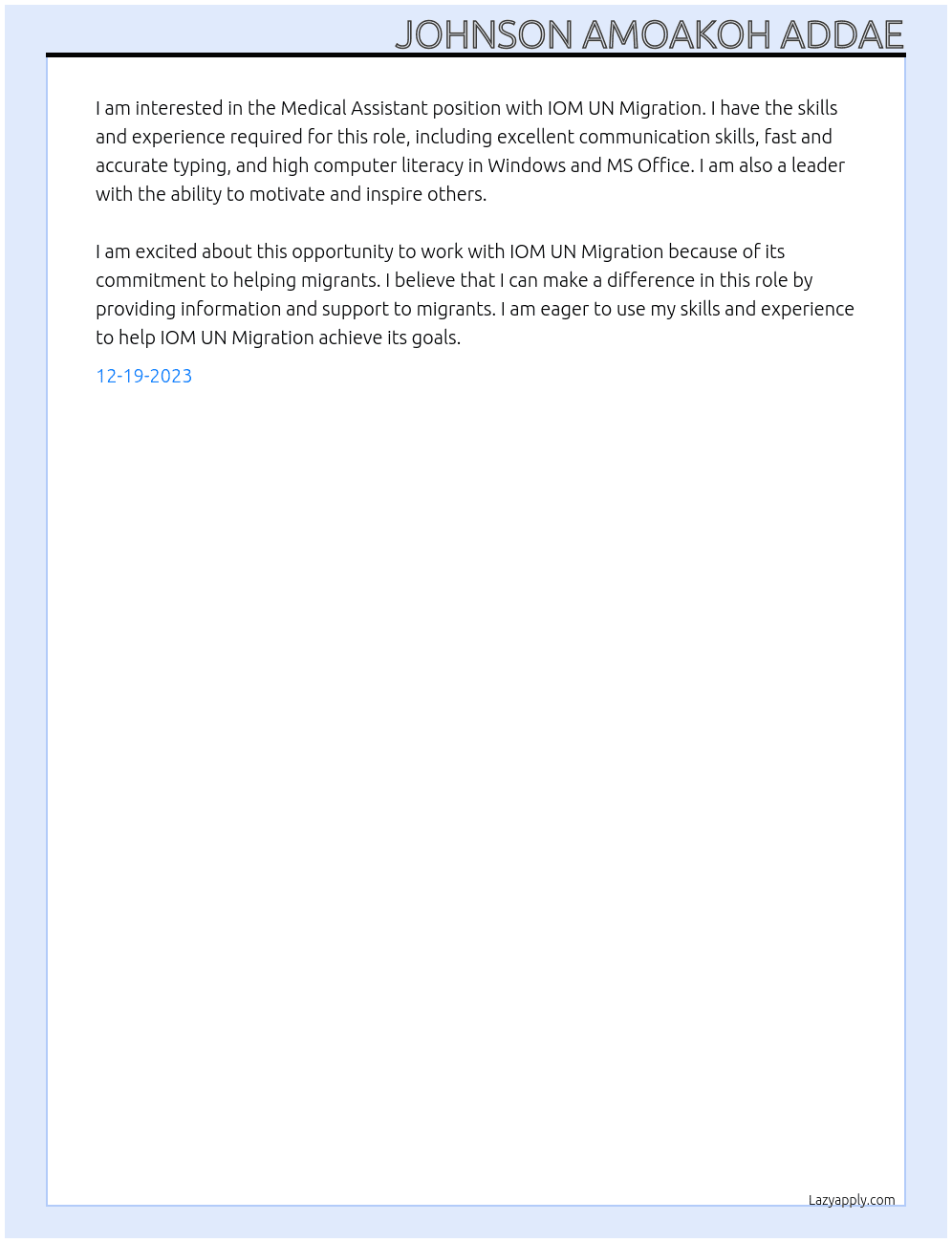 Medical Assistant At IOM UN MIGRATION Cover Letter