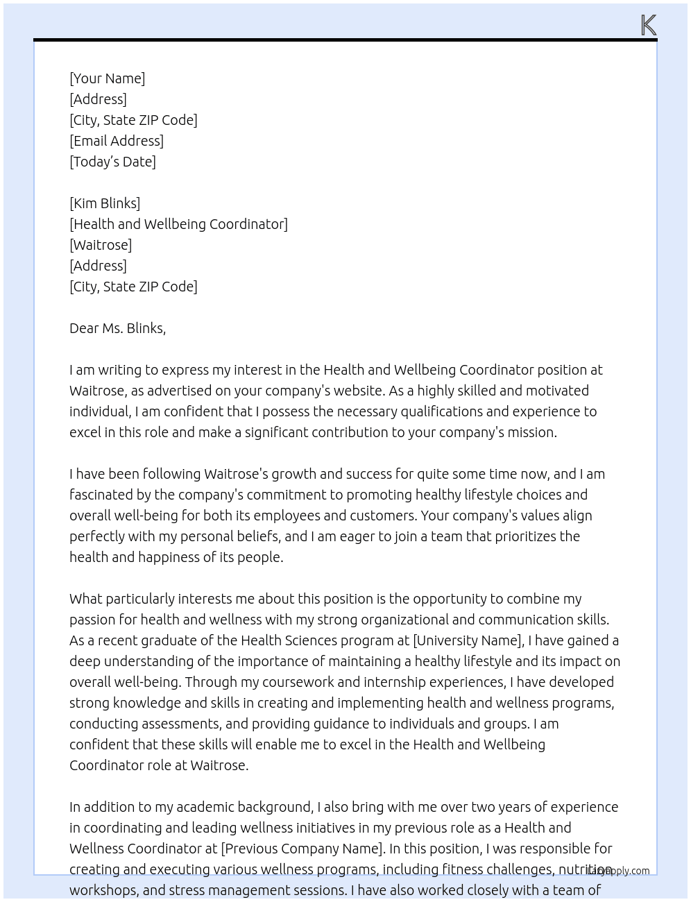 Health and Wellbeing Coordinator At Waitrose Cover Letter