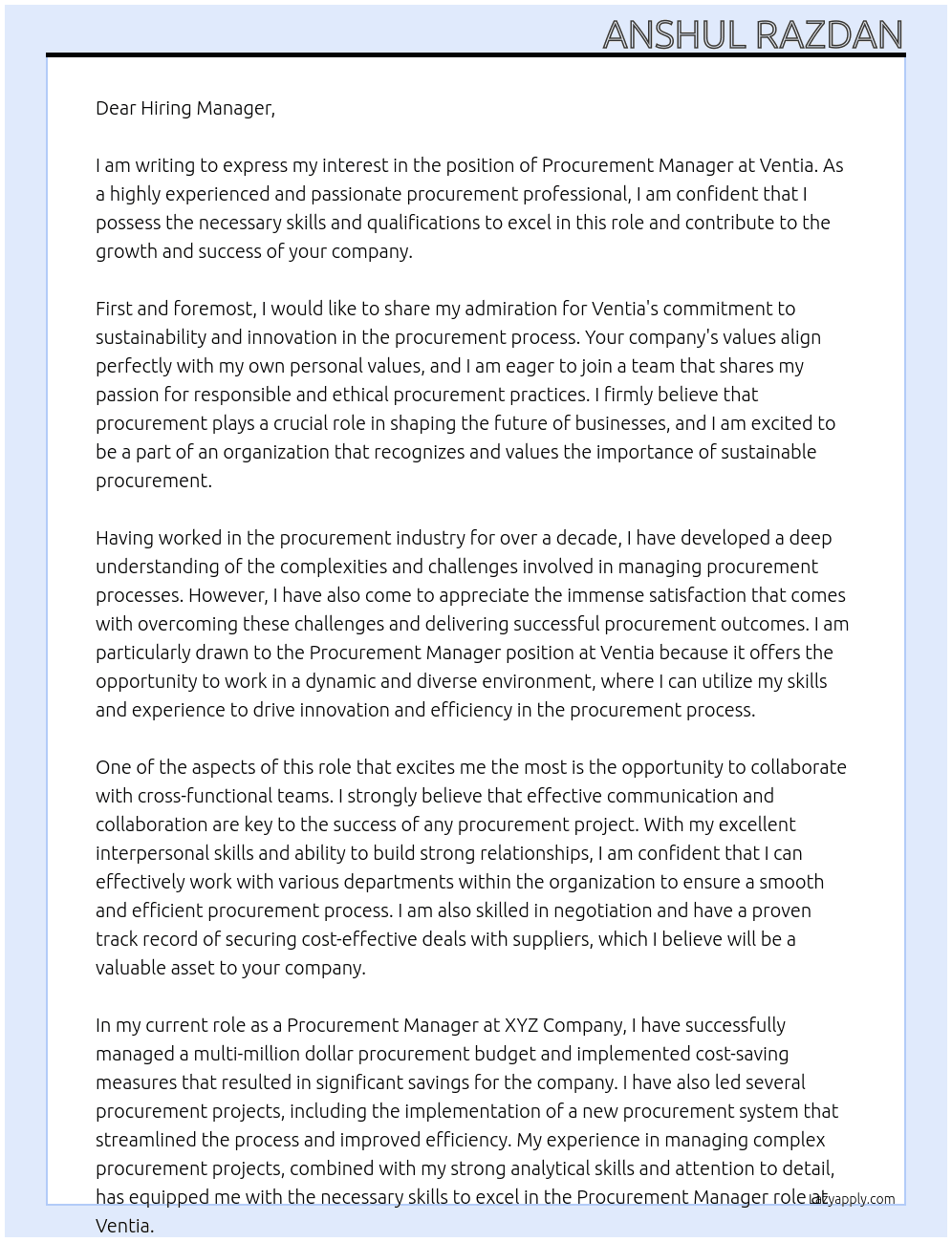 Procurement Manager At Ventia Cover Letter