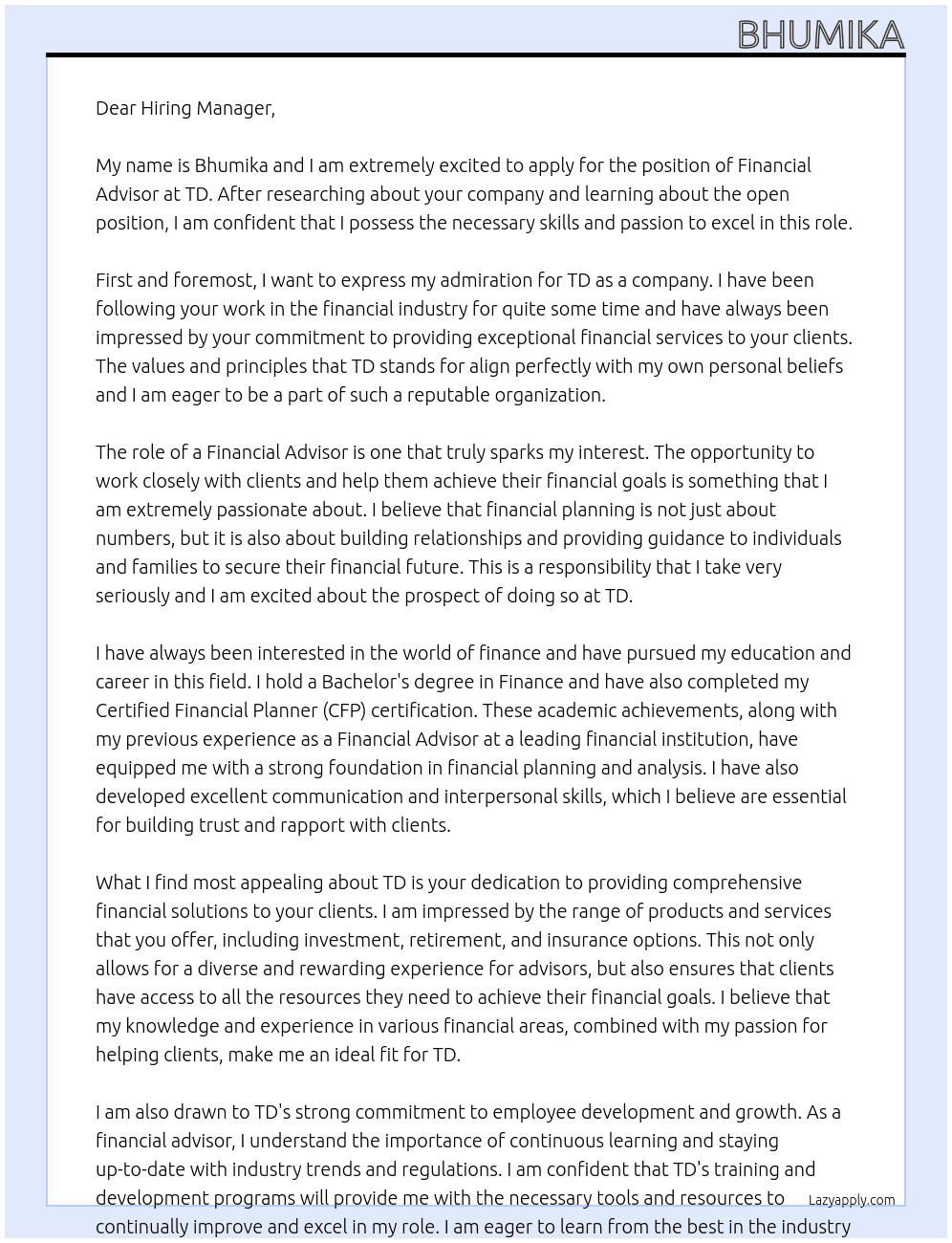 financial advisor At TD Cover Letter