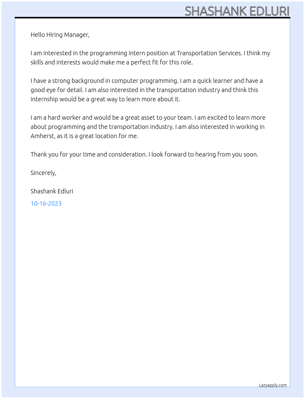 programming intern At Transportation services  Cover Letter