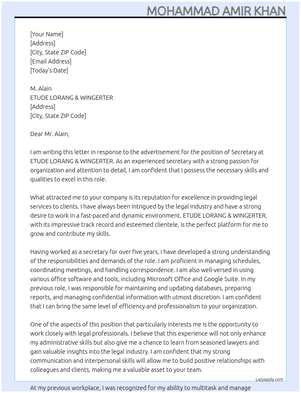 secretary At ETUDE LORANG & WINGERTER  Cover Letter