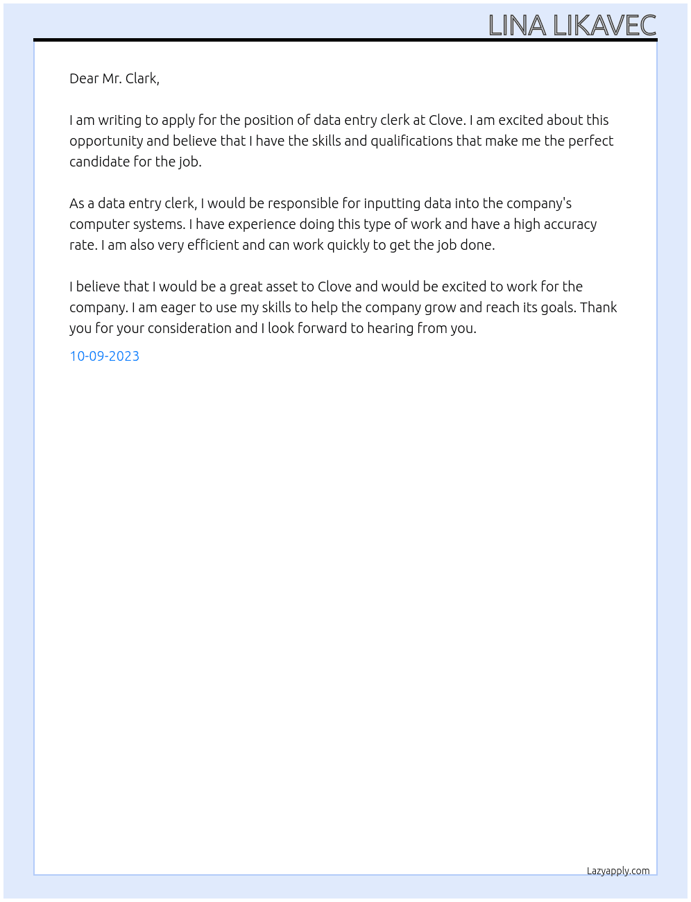 data entry clerk At Clove Cover Letter