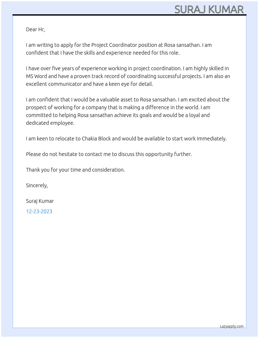 Project Coordinator(Rosa sansathan) At Rosa sansathan  Cover Letter