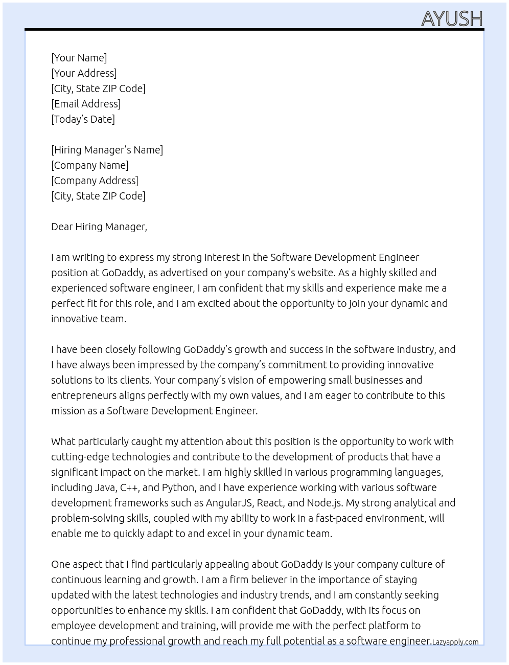Software Development Engineer At GoDaddy Cover Letter