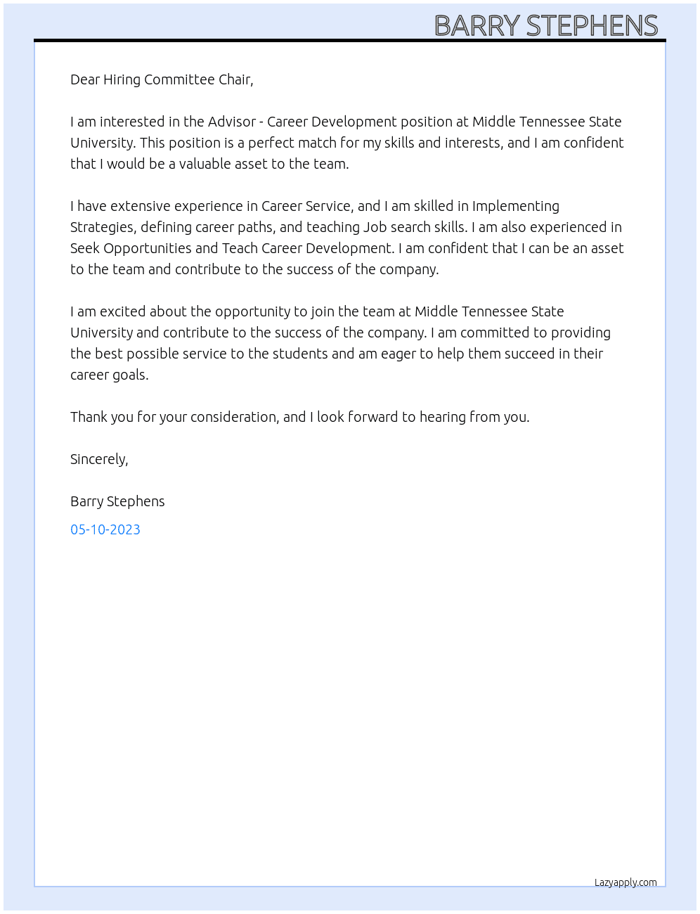 Advisor - Career Development At Middle Tennessee State University Cover Letter
