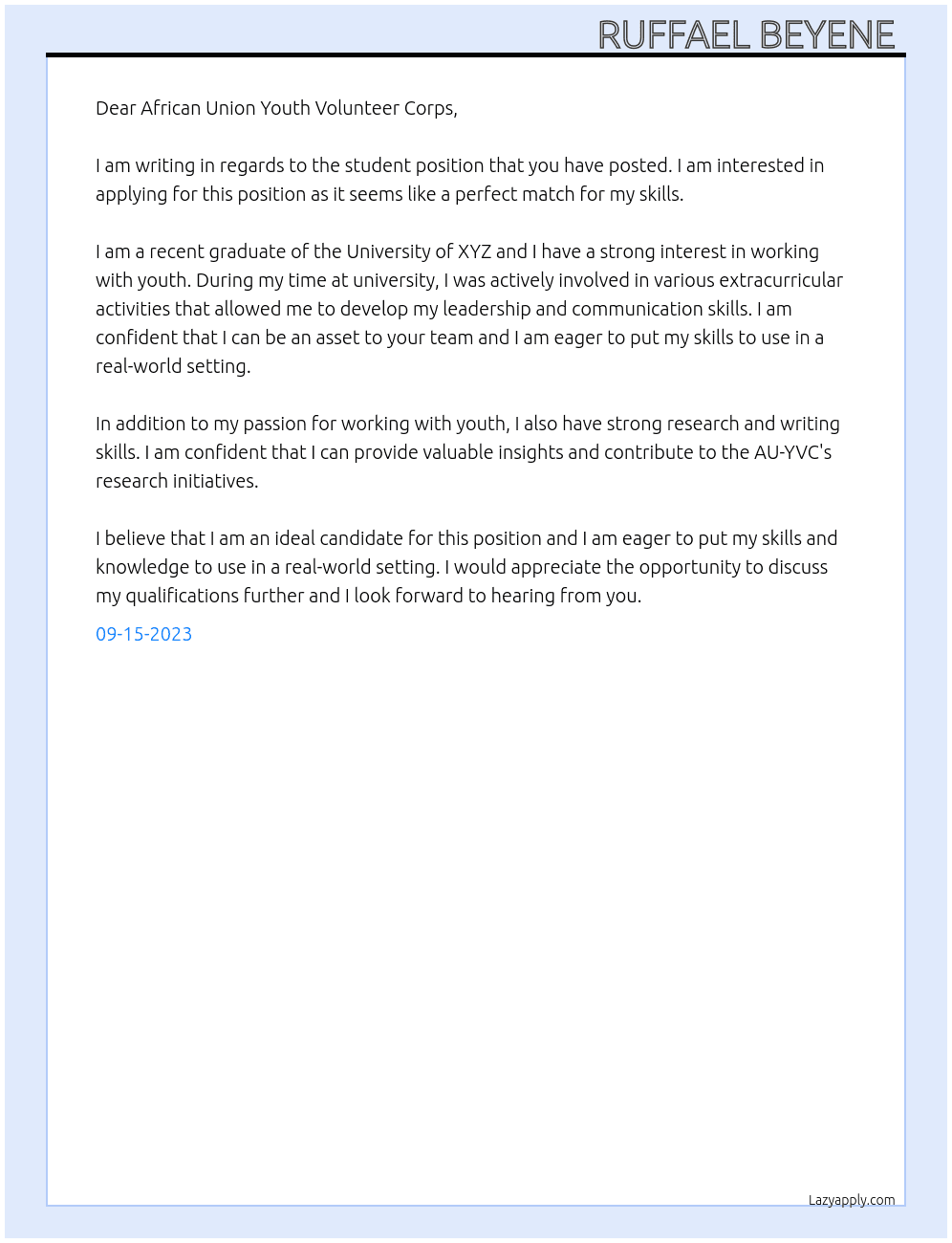Student  At African Union Youth Volunteer Corps Cover Letter