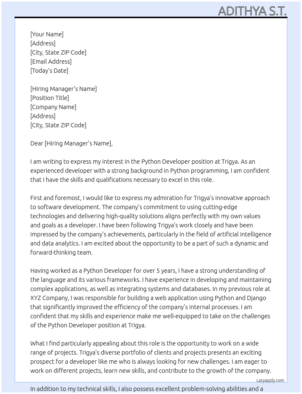 Python Developer  At Trigya Cover Letter