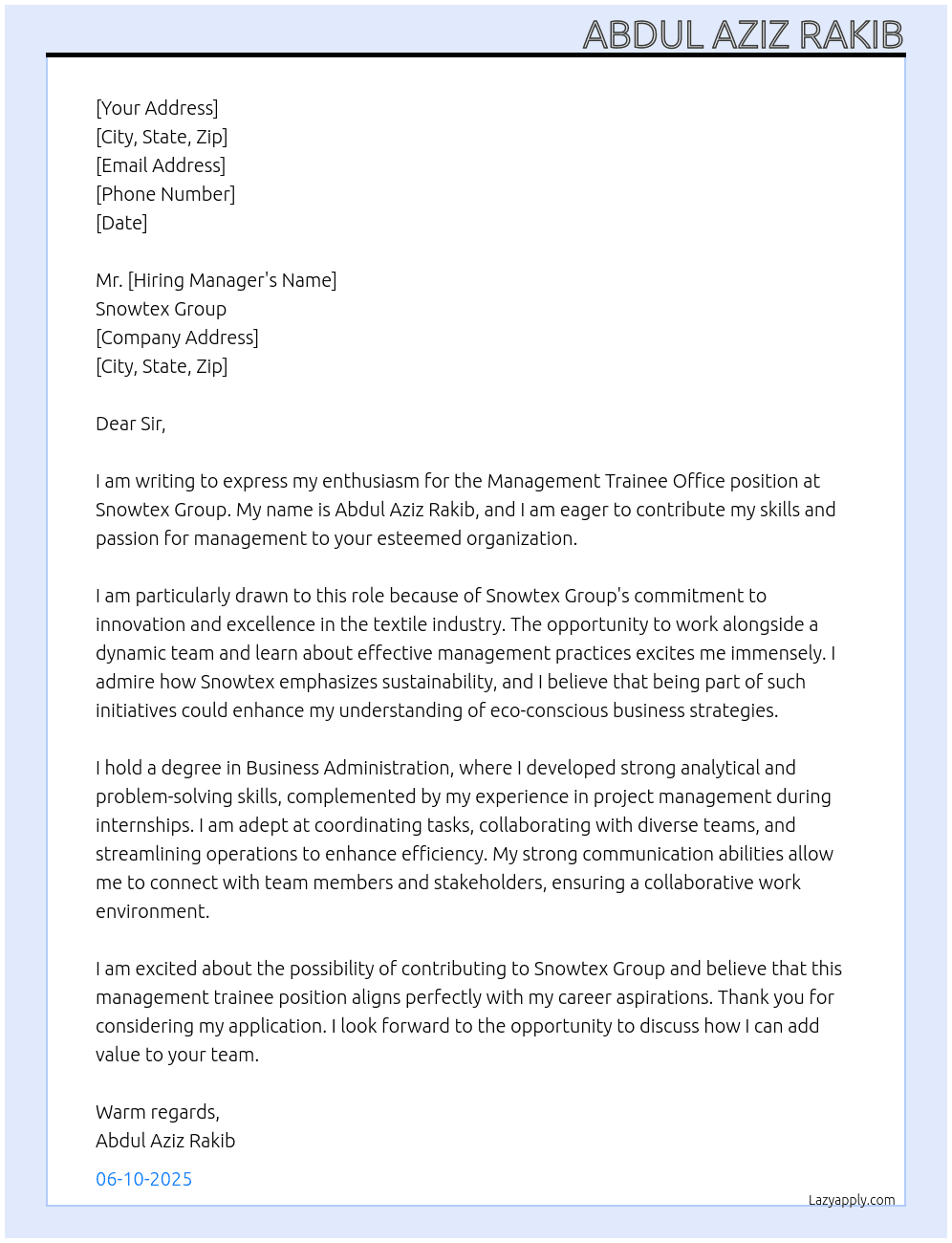 Management Trainee Office At Snowtex Group Cover Letter