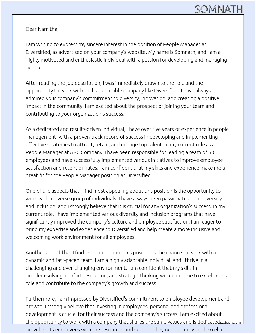 People Manager At  Diversified Cover Letter