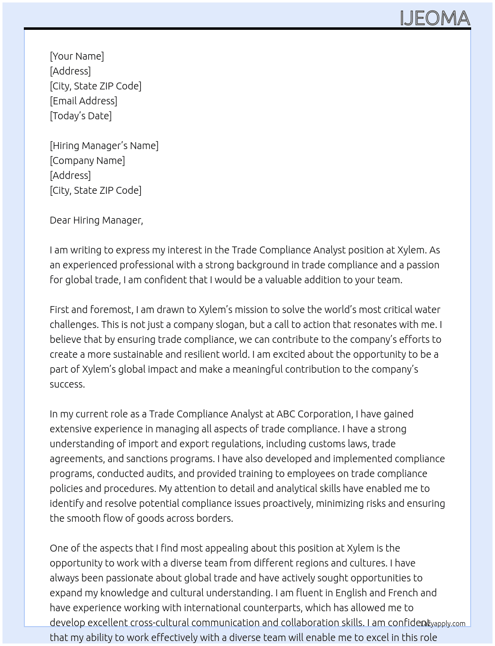Trade Compliance Analyst At Xylem Cover Letter
