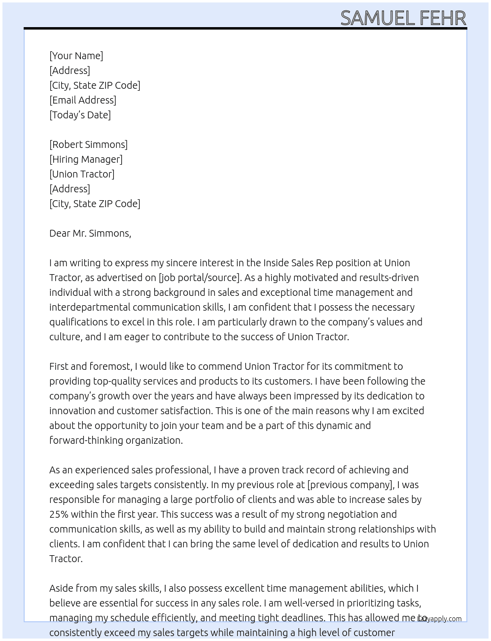 Inside sales rep At Union Tractor Cover Letter