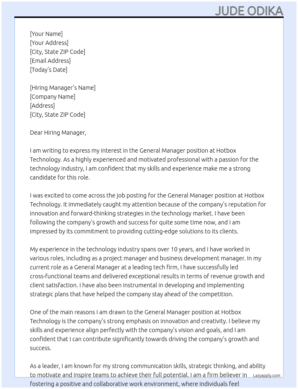 General Manager At Hotbox Technology Cover Letter