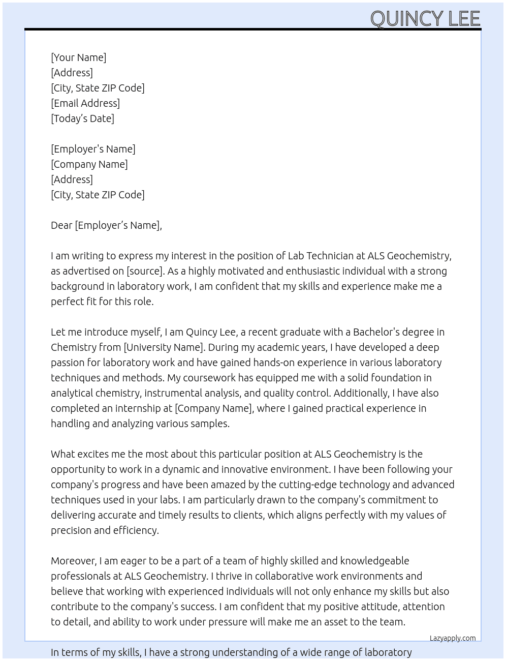 Lab technician At ALS Geochemistry  Cover Letter