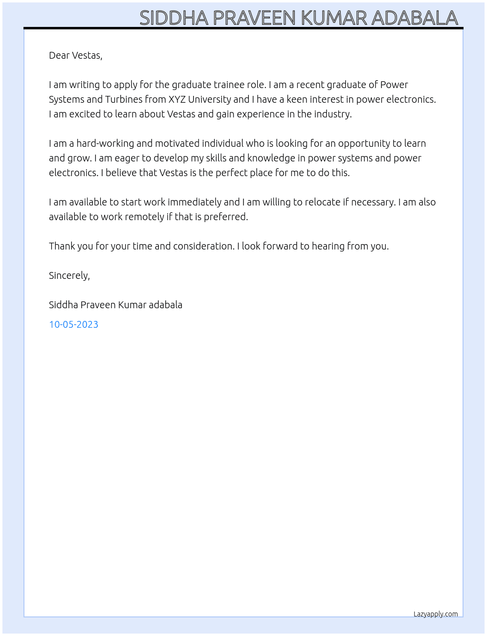 Graduate training  At Vestas Cover Letter