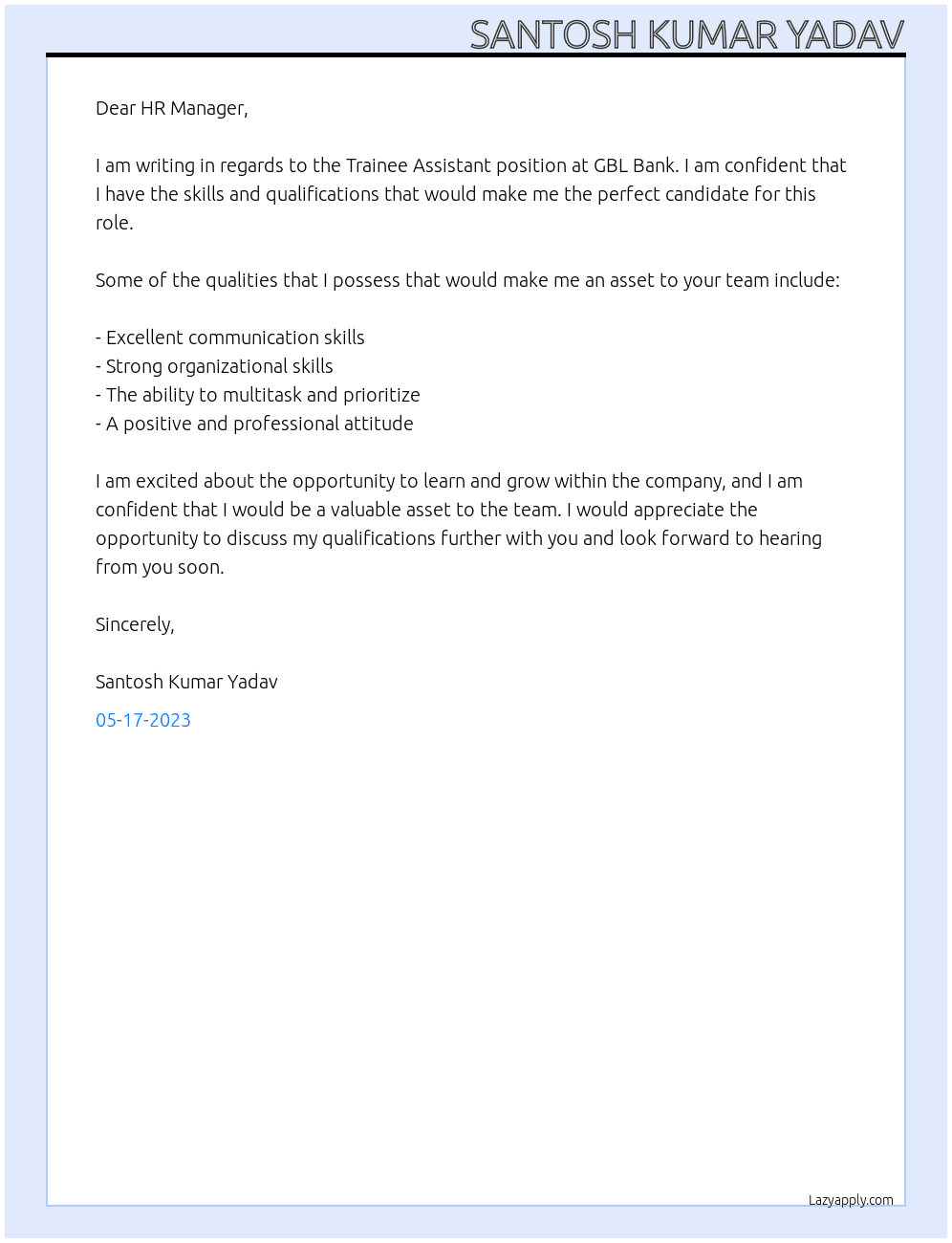 trainee assistant At gbl bank Cover Letter