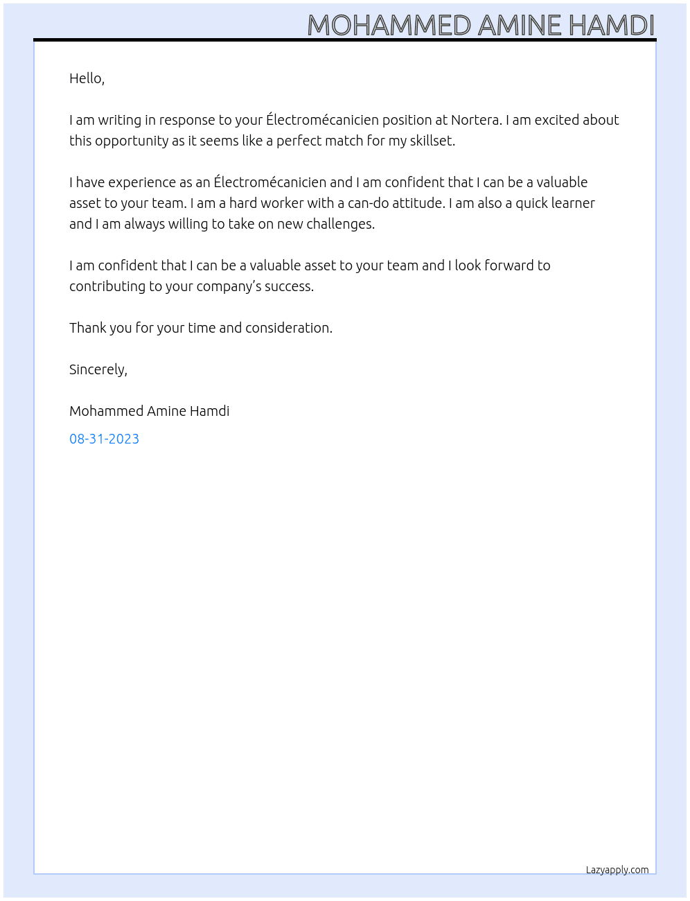 Électromécanicien At Nortera Cover Letter