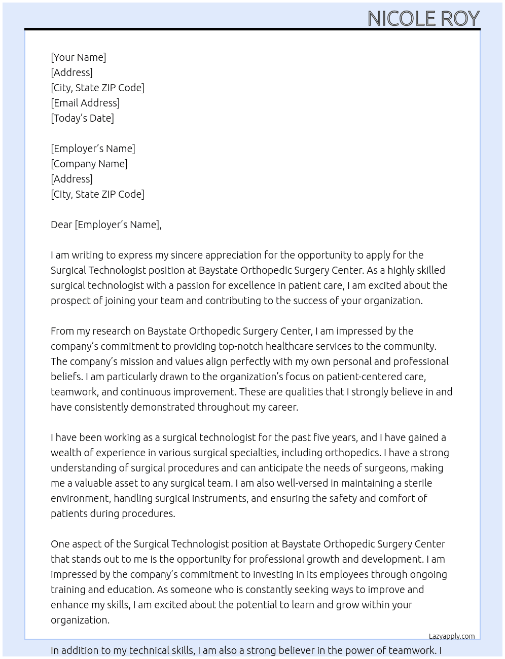 Surgical Technologist At Baystate Orthopedic Surgery Center Cover Letter