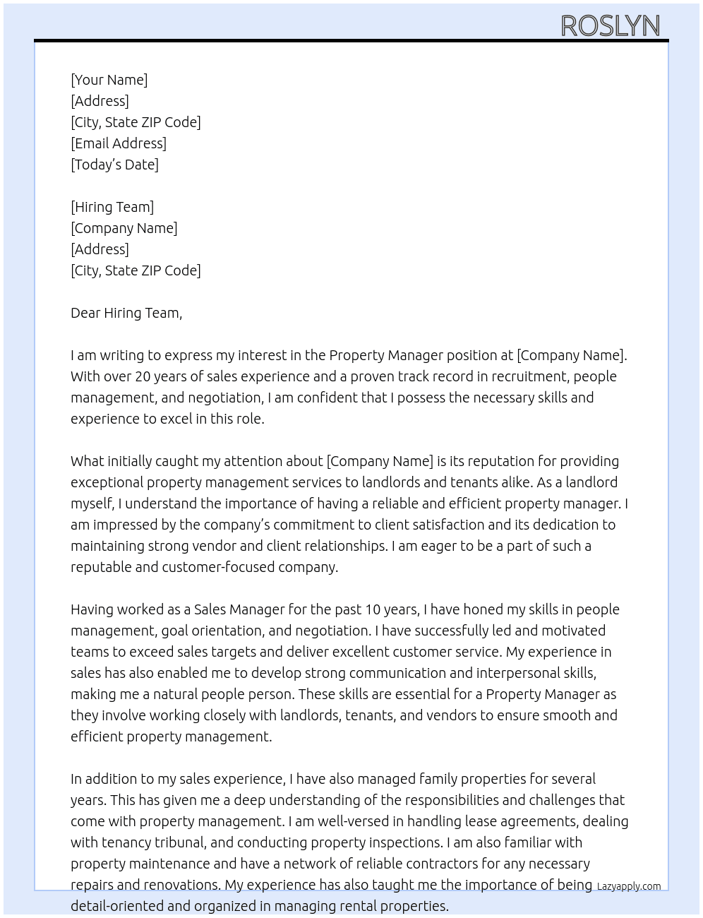 Property manager  At Hiring team Cover Letter