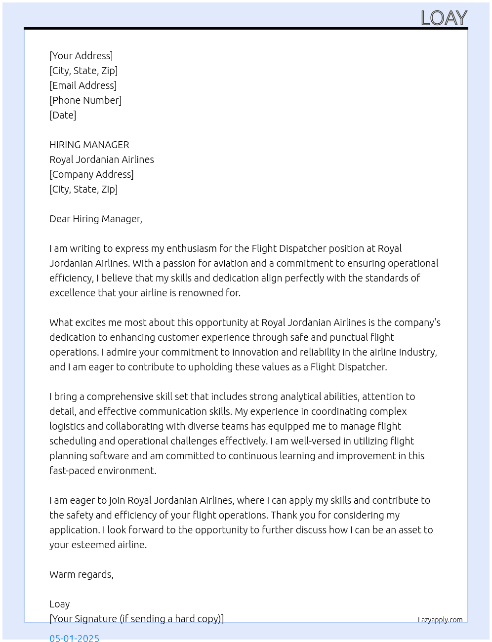 flight dispatcher At ROYAL JORDANIAN AIRLINES Cover Letter
