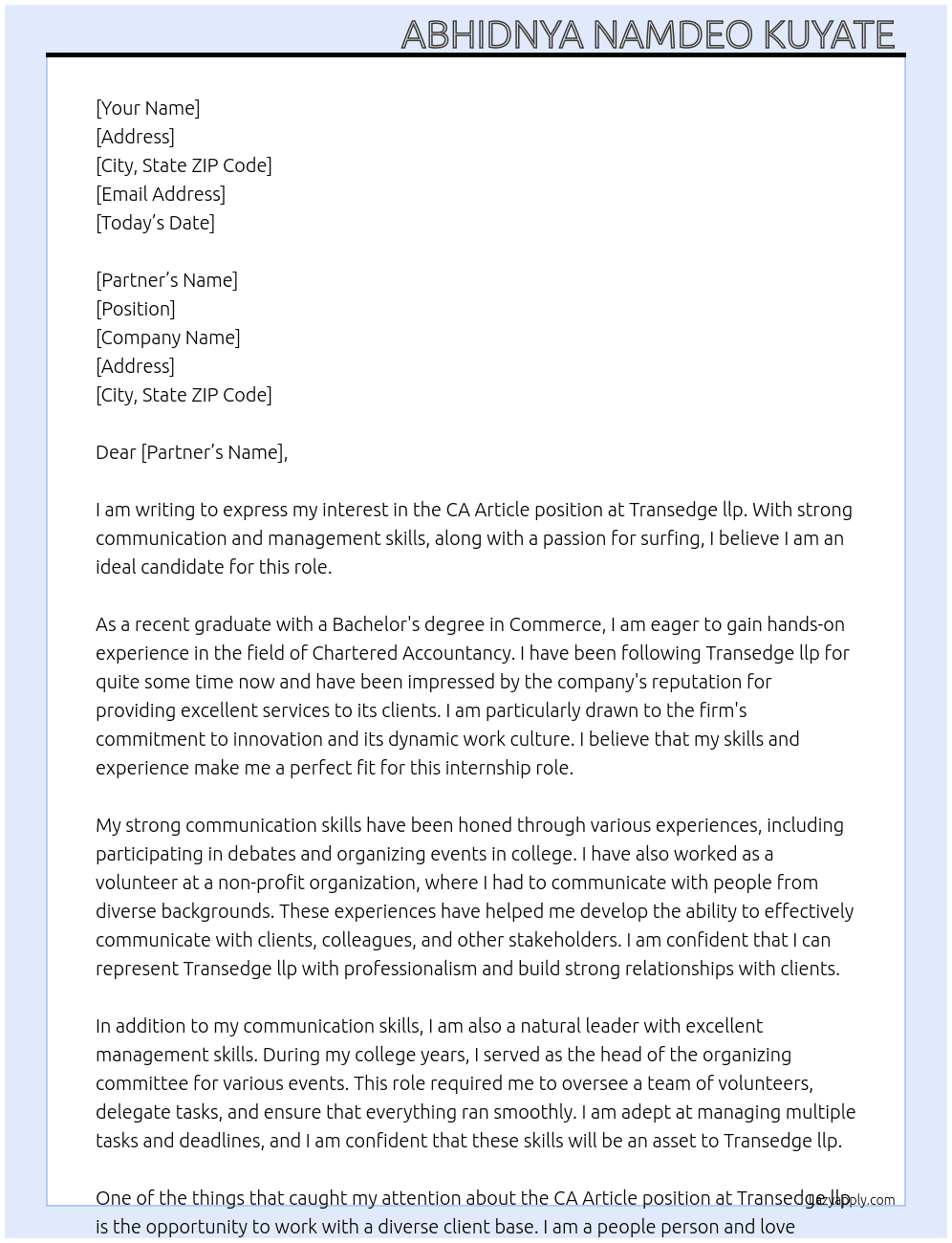 Ca article At Transedge llp Cover Letter