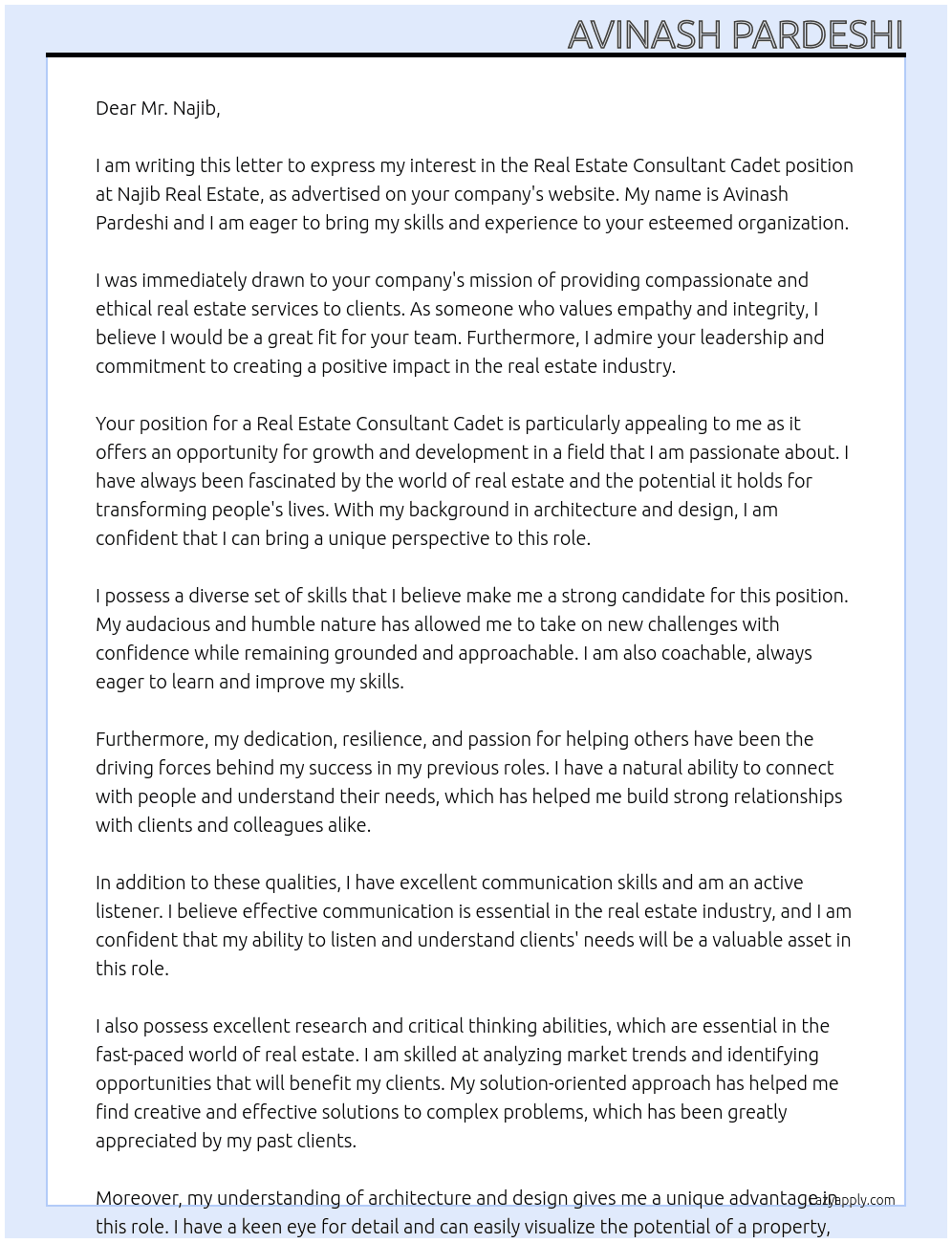 Real estate consultant cadet At Najib Real estate Cover Letter