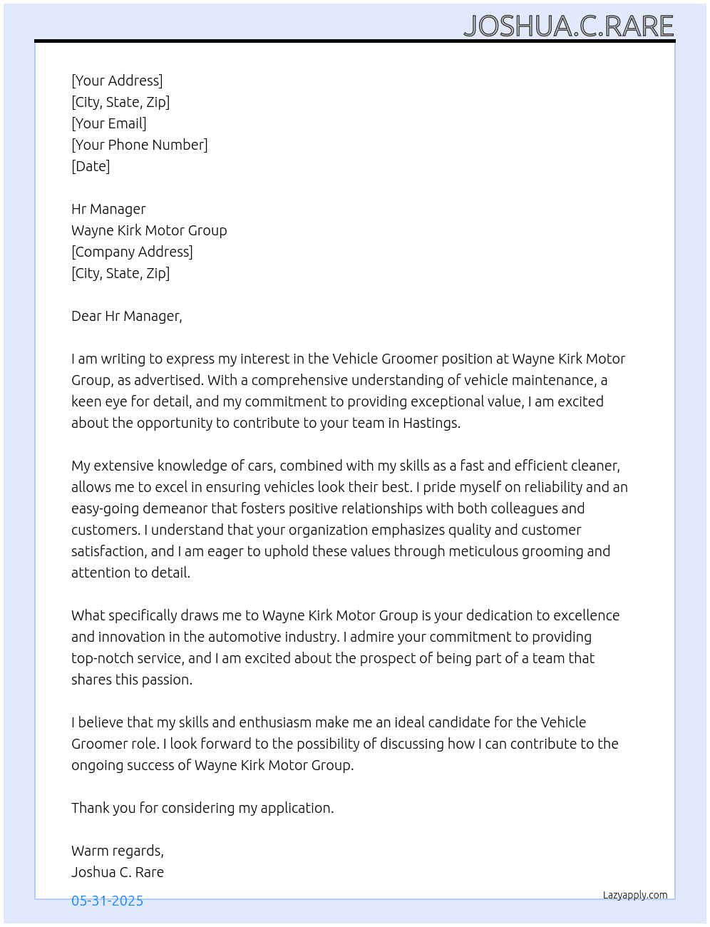 Vehicle Groomer  At Wayne Kirk Motor Group Cover Letter