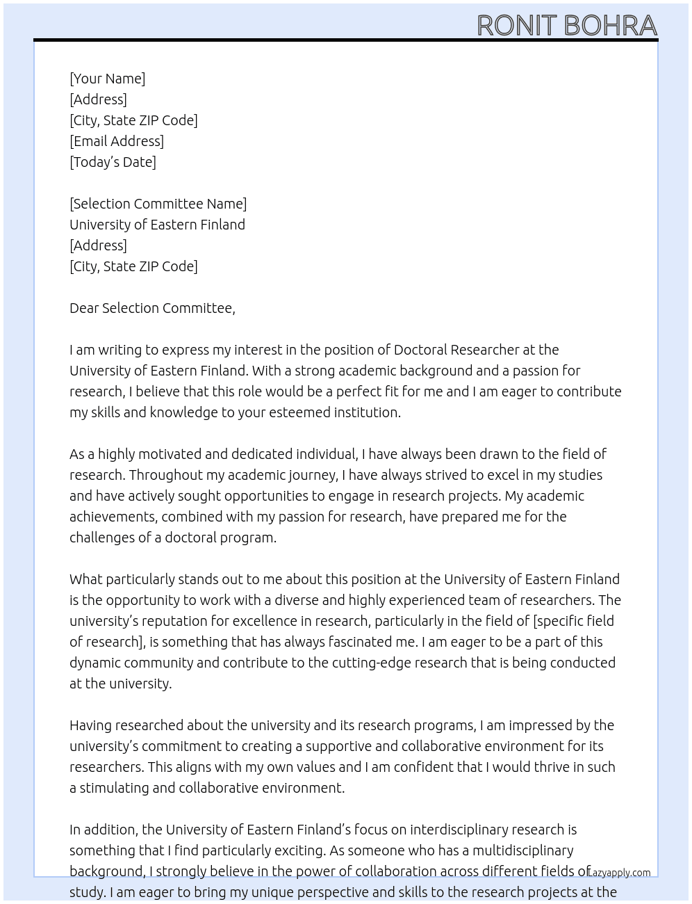 doctoral researcher At univeristy of eastern finland Cover Letter