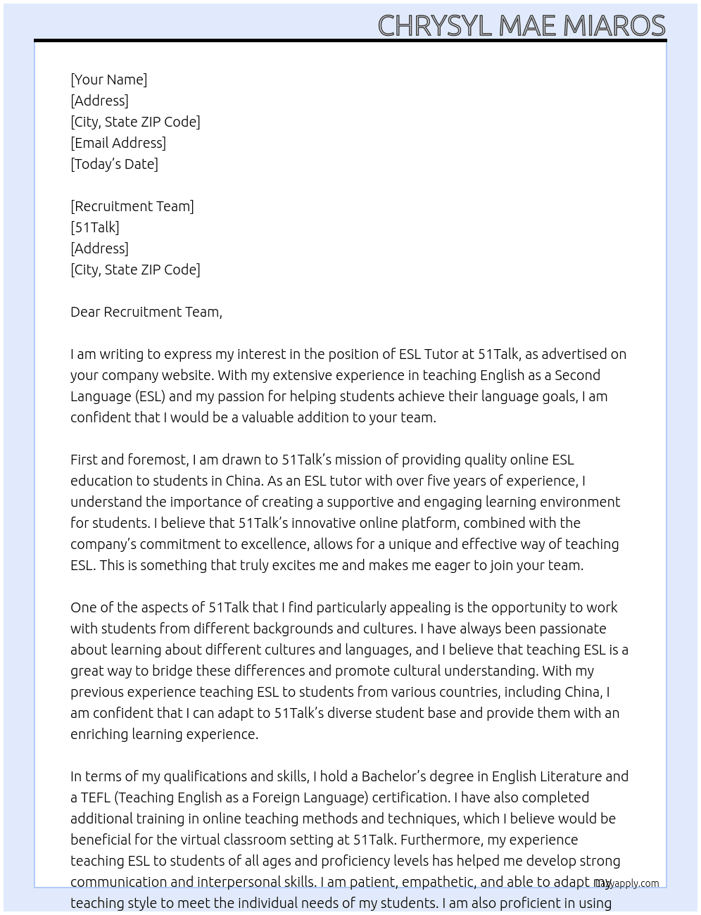 ESL Tutor At 51Talk Cover Letter
