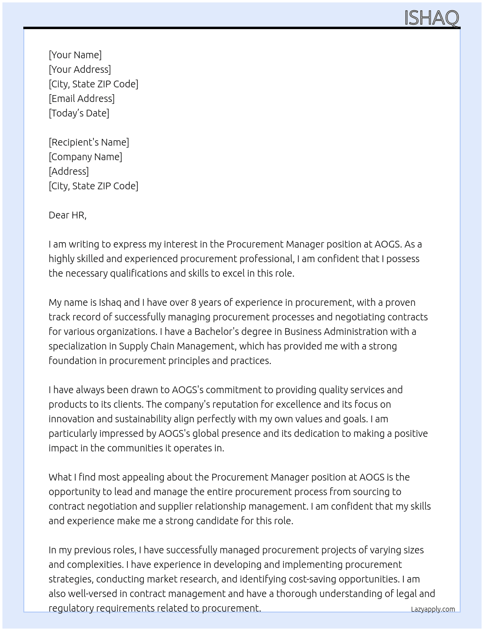 Procurement Manager At AOGS} Cover Letter