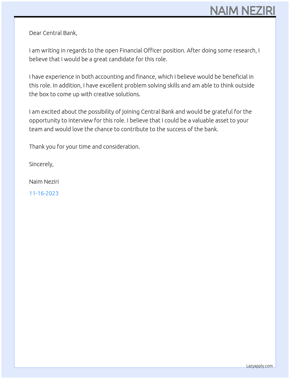 Financial Officer At Central Bank Cover Letter