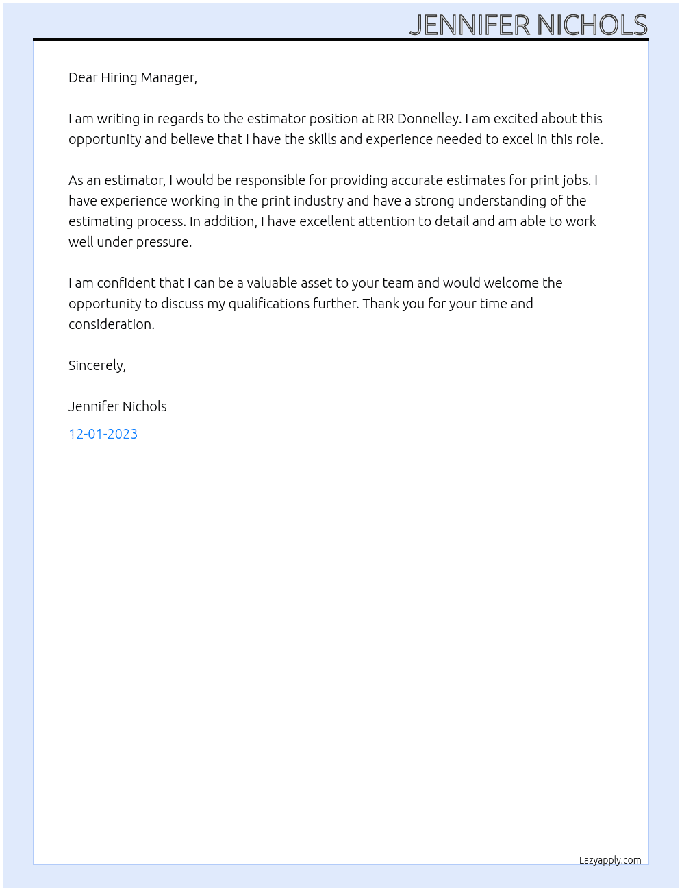 Estimator At RR Donnelley Cover Letter