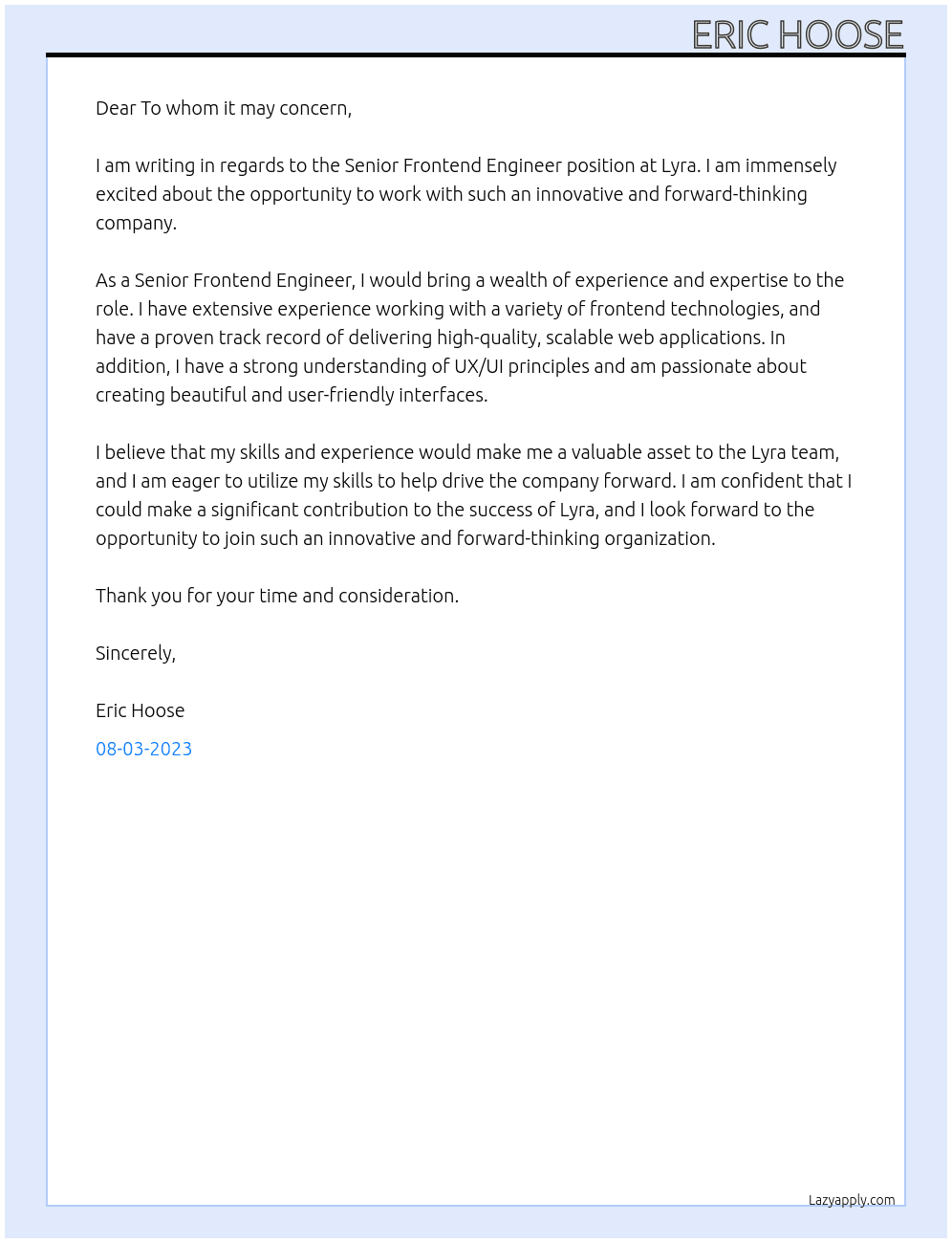 Senior Frontend Engineer At Lyra Cover Letter