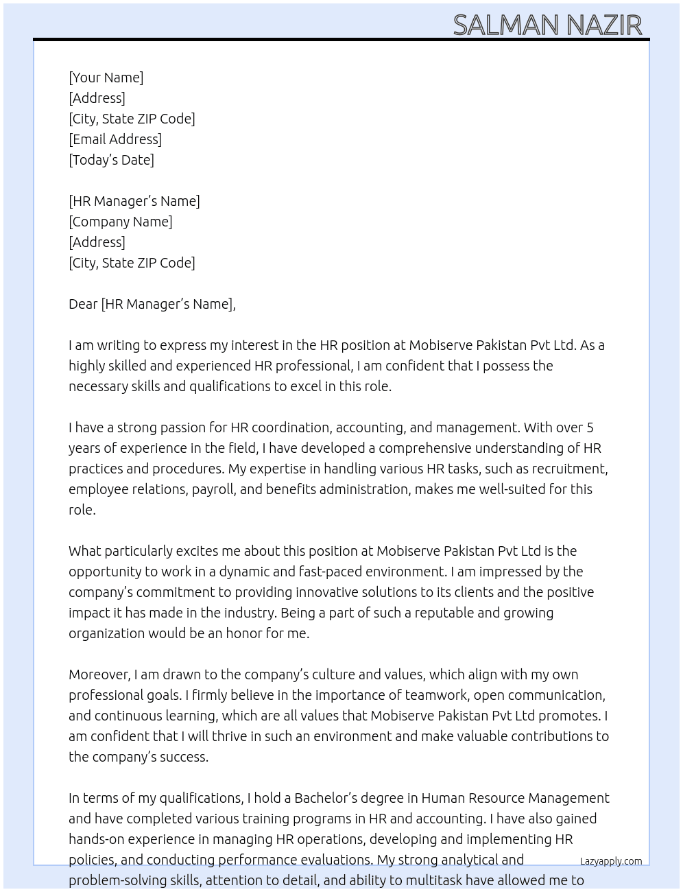 HR  At Mobiserve Pakistan Pvt Ltd Cover Letter