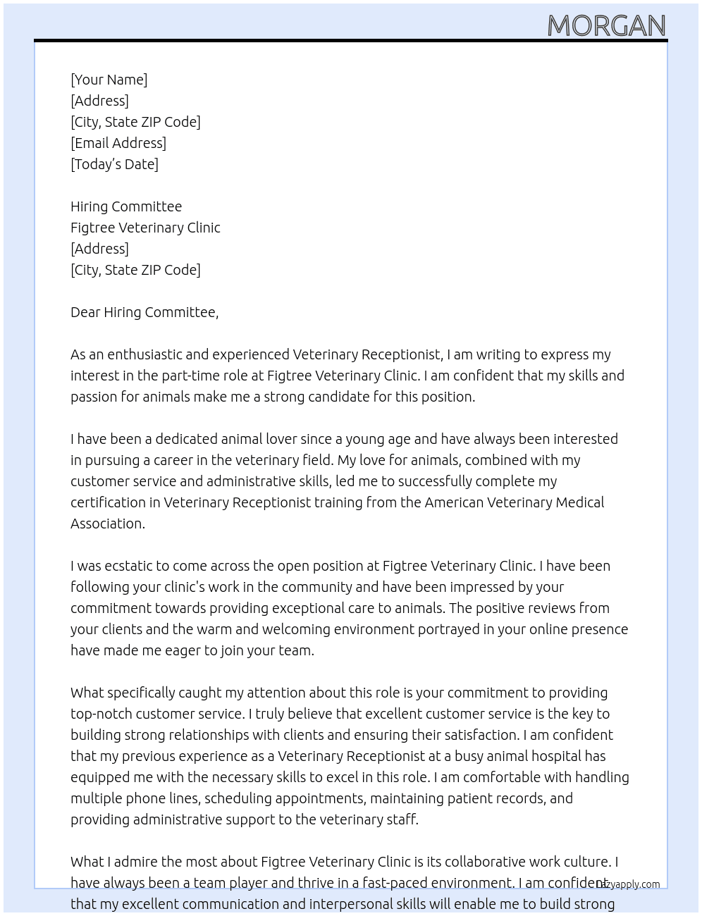 Veterinary Receptionist At Figtree Veterinary Clinic Cover Letter