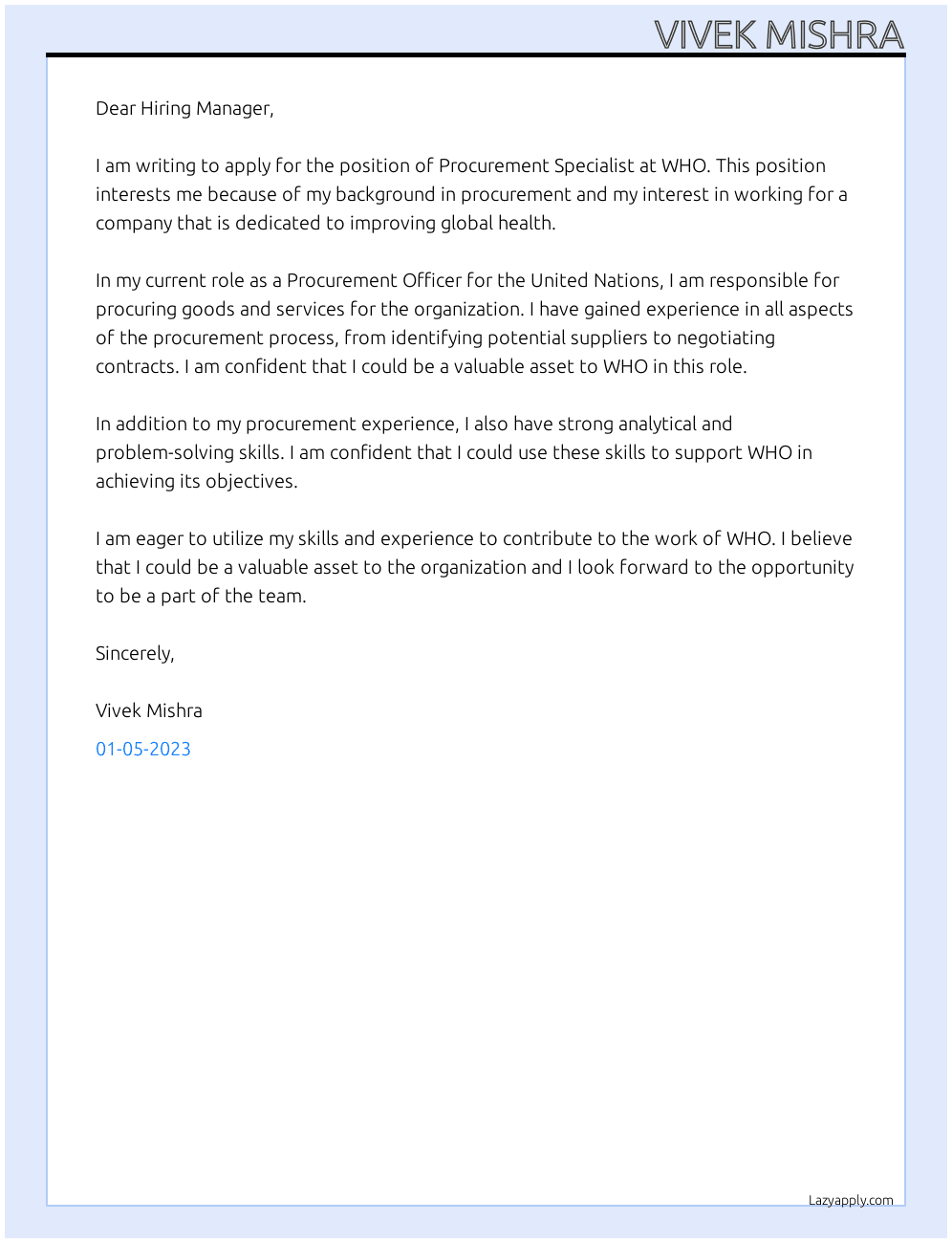 Procurement Specialist  At WHO Cover Letter