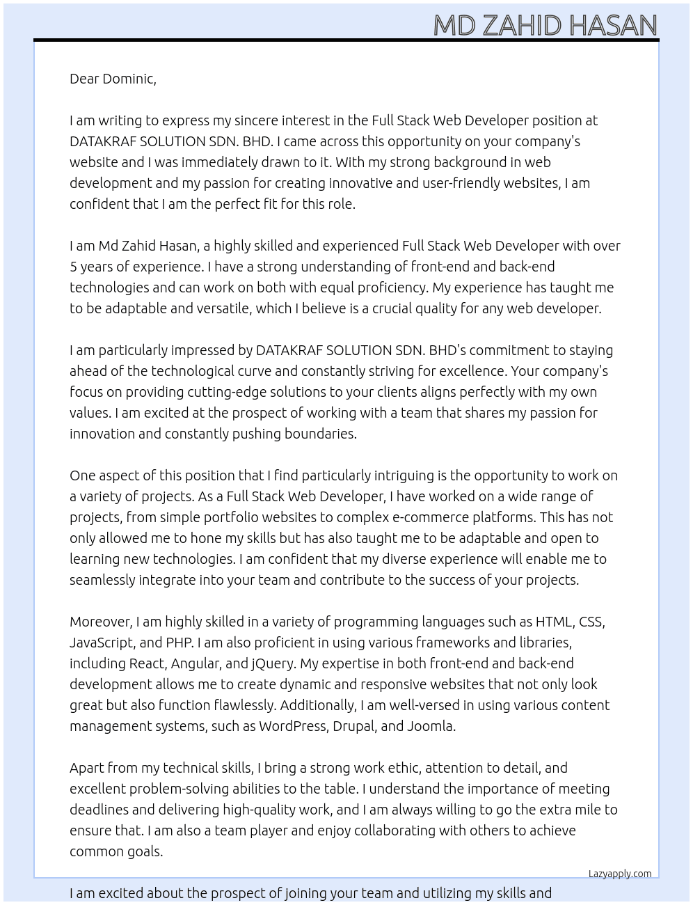 Full Stack Web Developer At DATAKRAF SOLUTION SDN. BHD Cover Letter